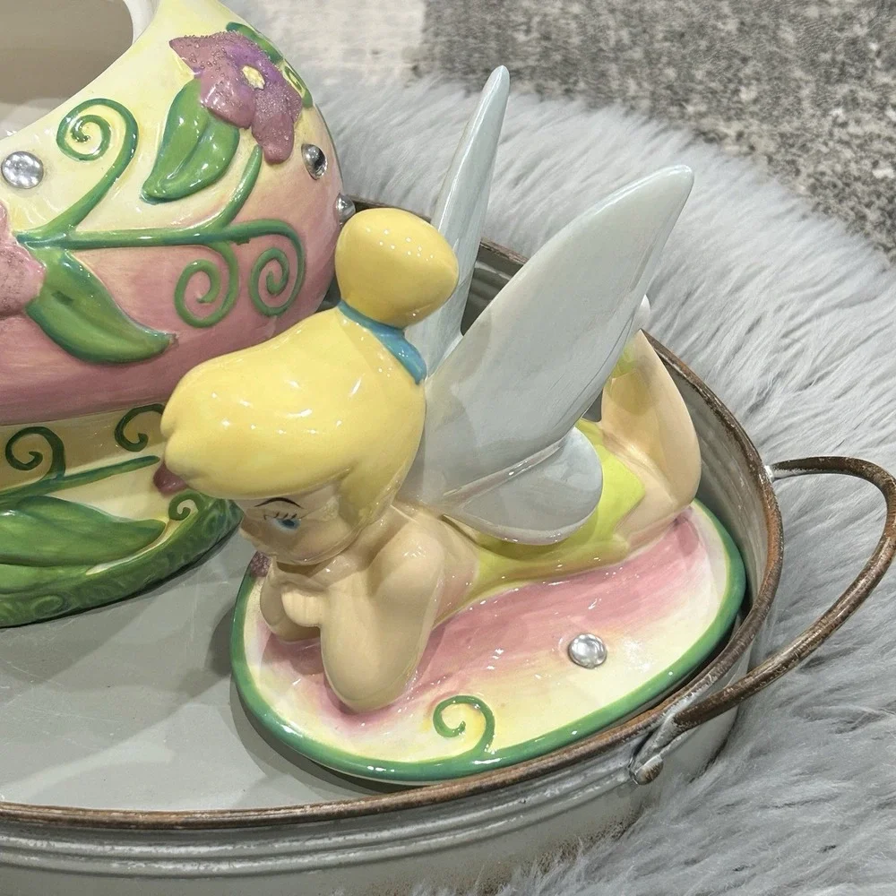 Disney Tinkerbell‎ Mushroom Cookie Jar With Jewels And Flowers Read***